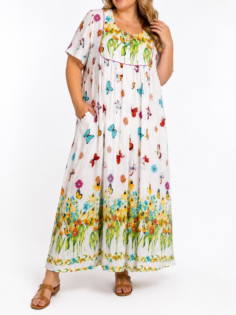 Comfort Choice 3X Cotton Maxi Dress Butterfly Floral Cottagecore Garden Pockets